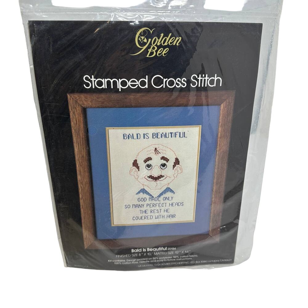 Vintage Golden Bee Stamped Cross Stitch Kit "Bald Is Beautiful" 8" X 10"